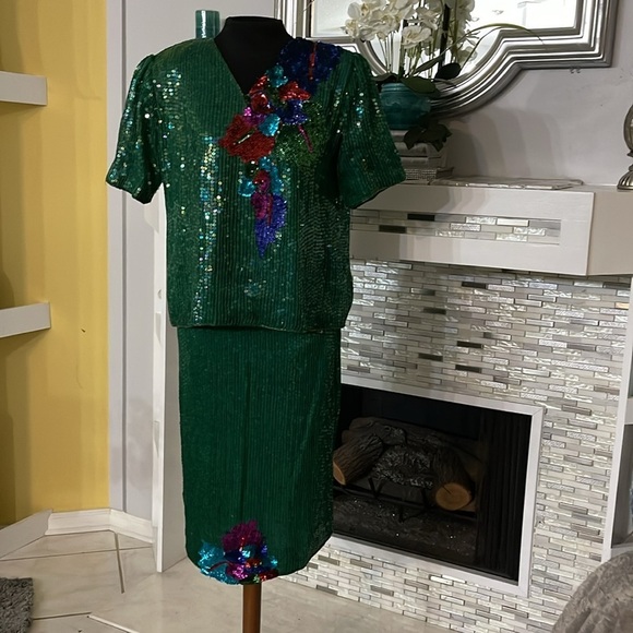 Vintage 1980s Yves Saint Laurent sequins 100% pure silk 2pc skirt set L - Picture 1 of 13